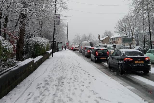 Snow chaos - The scene of traffic on Knaresborough Road in Harrogate this morning, Monday.