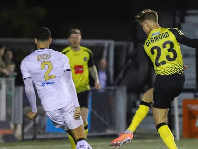 Jack Diamond fires Harrogate Town into the lead against Bromley. Picture: Matt Kirkham