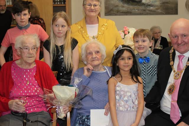 Rose with her family and the Mayor and Mayoress of Borough of Harrogate.