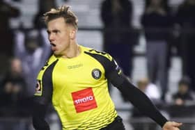 Jack Diamond celebrates after opening the scoring in Harrogate Town's National League draw with Bromley. Picture: Matt Kirkham