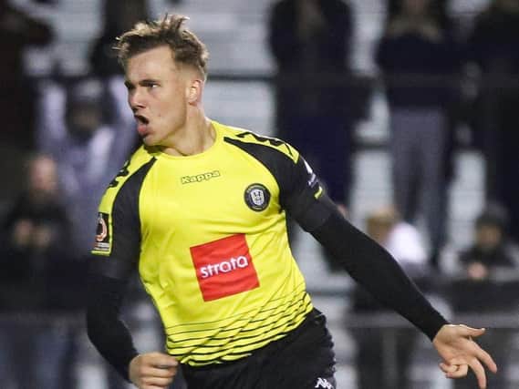 Jack Diamond celebrates after opening the scoring in Harrogate Town's National League draw with Bromley. Picture: Matt Kirkham
