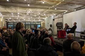 BAFTA-winning filmmaking legend Tony Palmer on stage with the Harrogate Advertiser's Graham Chalmers in Cold Bath Brewing Co's The Clubhouse at an exclusive Harrogate Film Festival event.