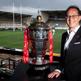 Rugby League World Cup CEO Jon Dutton with the trophy. (SWPIX)