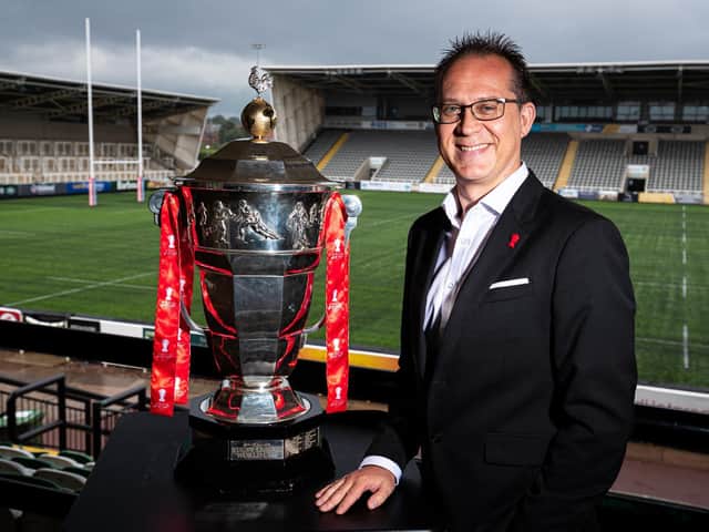 Rugby League World Cup CEO Jon Dutton with the trophy. (SWPIX)
