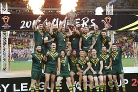 Australia celebrate after winning the 2017 Rugby League World Cup final against England in Brisbane. (SWpix.com/PhotosportNZ/Tertius Pickard / www.photosport.nz)