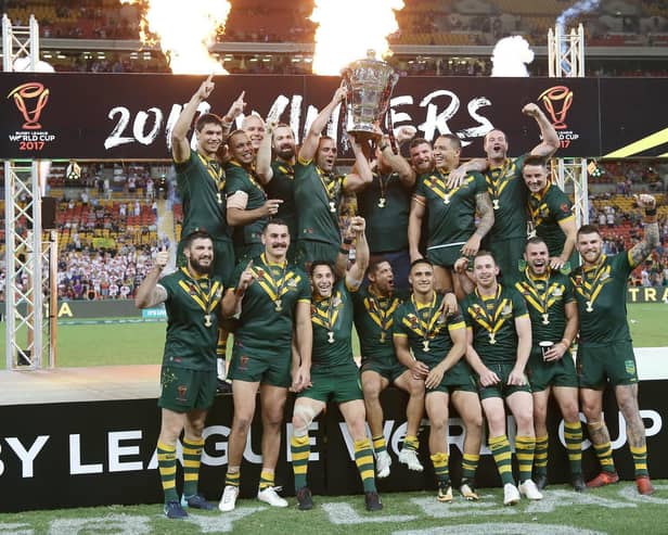 Australia celebrate after winning the 2017 Rugby League World Cup final against England in Brisbane. (SWpix.com/PhotosportNZ/Tertius Pickard / www.photosport.nz)