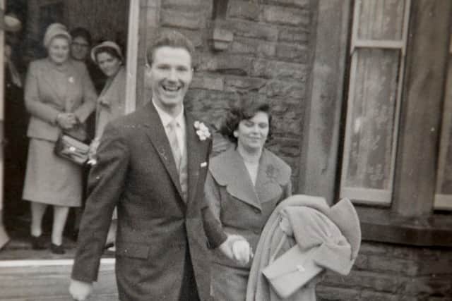 Wedding day in Harrogate 60 years ago - Pauline Summersall, a founder member of Woodlands Drama Group, and her husband Norman, a well-known local cricketer at the time.