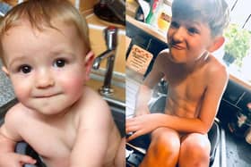 Kirsty's son Conor, aged 9, recreates his baby photos.