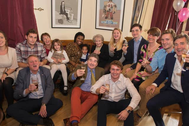 Surrounded by love: Meriel Jennifer Hynes attending her 90th birthday party at Harrogate Theatre bar in Oct 2018, with her children, in -laws and most of her grandchildren and one great grandchild.