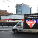 A billboard van outside St Thomas' Hospital in Central London where Prime Minister Boris Johnson is undergoing treatment. Photo: PA