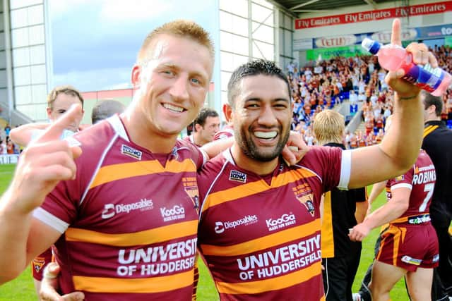 Huddersfield's Keith Mason and Jamahl Lolesi celebrate after beating St Helens in the 2009 Challenge Cup semi-final to reach Wembley. (Chris Mangnall/SWpix.com)