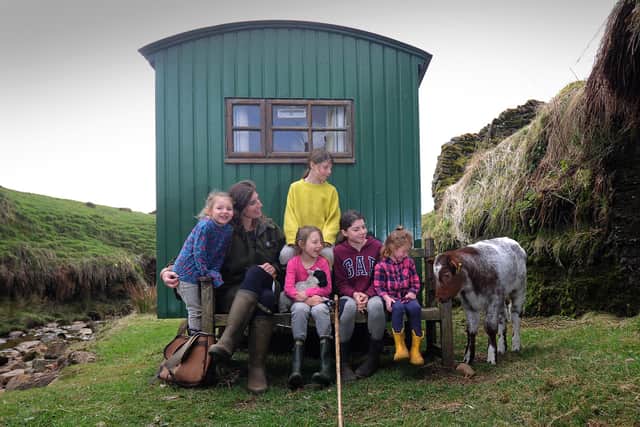 Yorkshire Shepherdess Amanda Owen with some of her children on her farm at Keld. From the left are Clemy aged 4, Anis aged 4, Violet aged 10, Edith aged 12 and Nancy aged 3. Picture by Simon Hulme