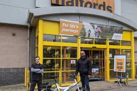 Harrogate Hospital doctor Naresh Gnanasekaran, right, with Daniel Locke of Halfords  who handed it over the new bicycle to him at the Harrogate branch.
