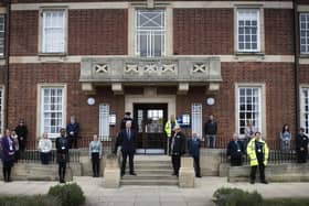 Wendy Nichols, UNISON Branch Secretary, and Richard Flinton, NYCC Chief Executive, with NYCC staff observing the minute silence at County Hall while observing social distancing requirements.