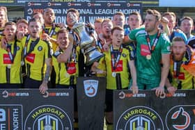 Harrogate Town players celebrate their 3-0 National League North play-off final victory over Brackley Town, a result which saw them promoted to English footballs fifth tier for the first time. Picture: Matt Kirkham
