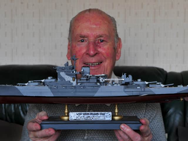 Harrogate Maurice Hammond, who may be the last man alive from the Royal Navys most deadly ship of the Second World War, pictured with a model of HMS Warspite.