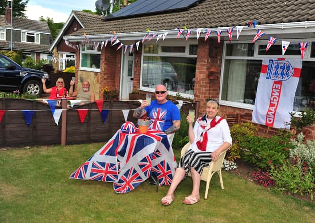 8th May 2020VE Day WetherbyStreet party on Lacy Grove WetherbyPictured Tom and Elaine Smith with neighbours Maureene and Henry GaddasPicture Gerard Binks