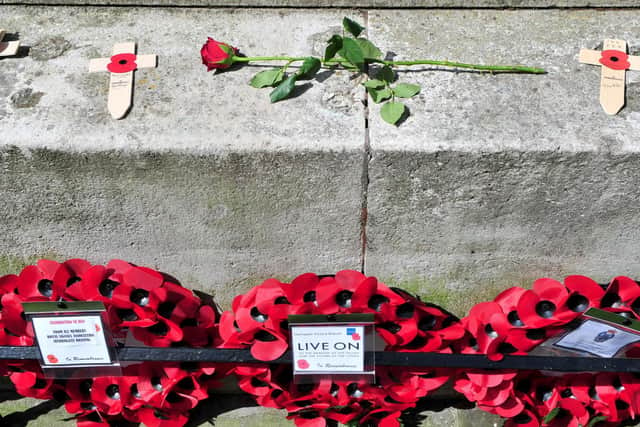 Wreaths are laid at the Harrogate War Memorial as a two minutes silence is observed to mark the 75th anniversary of VE Day. Picture: Gerard Binks