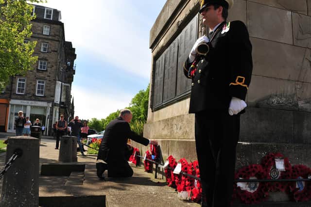 Wreaths are laid at the Harrogate War Memorial to mark the 75th anniversary of VE Day. Picture: Gerard Binks