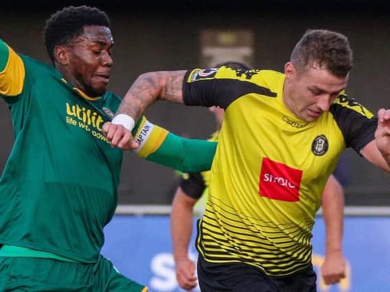 Joe Leesley in action for Harrogate Town against Notts County during the early weeks of the 2019/20 campaign. Picture: Matt Kirkham