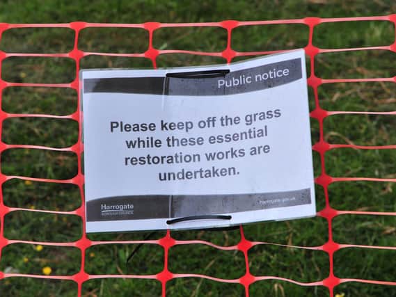 The sign at West Park Stray in Harrogate warning of restoration work.