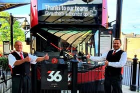 Peter Bowman (left) and Martin Sykes from The Harrogate Bus Company give a thumbs-up signal as bus services increase from Sunday,  May 31.