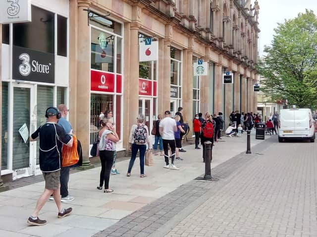 Harrogate town centre saw long queues at some shops today as the retail sector reopened - the longest was outside Victoria Shopping Centre for Sports Direct.