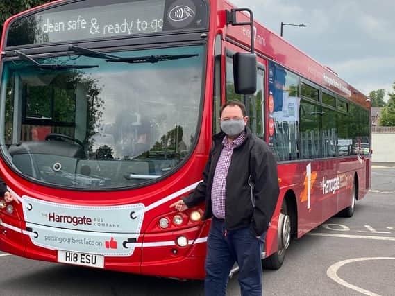 Face masks at the ready -  The Harrogate Bus Company have taken great measures to ensure travel on their vehicles is safe amid the coronavirus pandemic, as chief executive Alex Hornby is demonstrating.