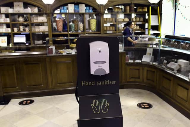 The new hand santizing station and one way system at Bettys in the Harrogate shop which is reopening on Monday. Picture: Gary Longbottom