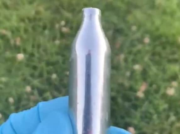 One of the many nitrous oxide canisters found on The Stray in Harrogate this morning by T/Insp Paul Cording.
