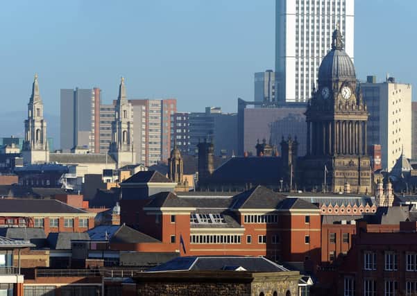 Leeds Civic Hall and Leeds Town Hall in the city center skyline