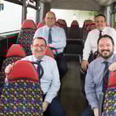 Transdevs new Operations Director Vitto Pizzuti (back row, right) and Commercial Director Paul Turner (back row, left) join the bus operators boardroom team, seen here with Finance Director Mark Dale (front row, left) and CEO Alex Hornby.