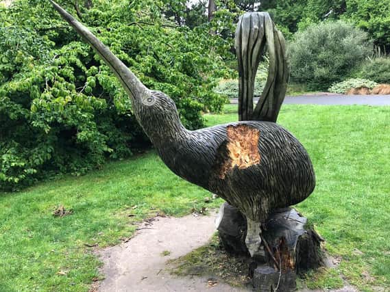One of the damaged large-scale wooden sculptures in the Valley Gardens in Harrogate.