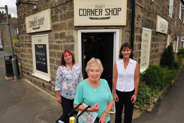 Outside Sophie's Corner Shop - Sophie Jacob, right, with Aly Wheeler and Joyce Lundell who ran the original corner shop in Hampsthwaite for more than 30 years.