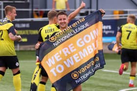 Josh Falkingham enjoys Harrogate Town's win over Boreham Wood at the CNG Stadium. Pictures: Matt Kirkham