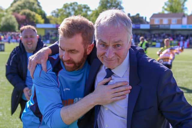 Simon and Irving Weaver celebrate promotion to the National League back in 2018. Picture: Matt Kirkham