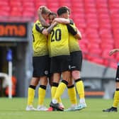 Celebrating a Harrogate Town goal at Wembley Stadium in Sunday's win over Notts County. Pictures: Getty