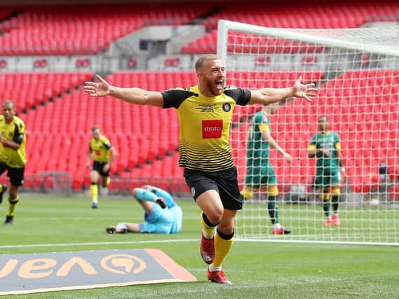 George Thomson gave Harrogate Town an early lead at Wembley in today's National League Promotion Final. Picture: Getty Images