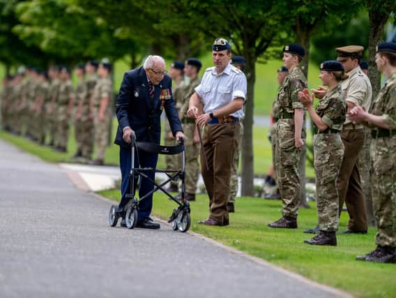 Captain Sir Tom Moore visiting the Army Foundation College in Harrogate.