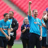 Harrogate Town's manager Simon Weaver celebrates after his team's victory in the Vanarama National League play off final at Wembley Stadium.