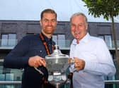 Harrogate Town manager, Simon Weaver, and chairman Irving Weaver, with the National League play-off final winners' trophy. Picture: Matt Kirkham
