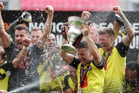 Harrogate Town celebrate after beating Notts County in the 2019/20 National League play-off final. Pictures: Getty Images