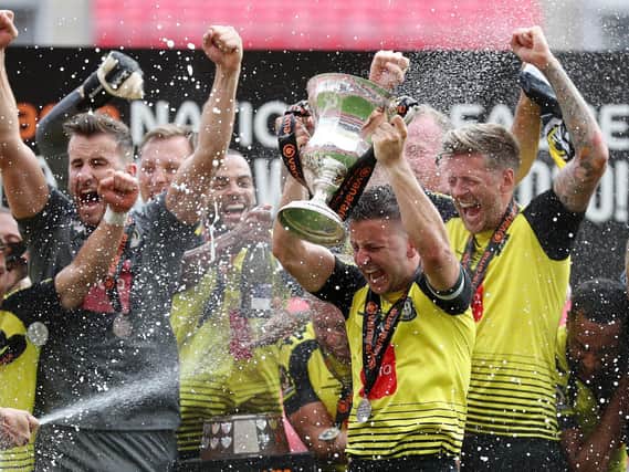 Harrogate Town celebrate after beating Notts County in the 2019/20 National League play-off final. Pictures: Getty Images