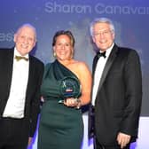 Harrogate International Festivals' chief executive Sharon Canavar in 2019 receiving the Harrogate Advertiser's Business Personality of the Year Award with Harrogate & Knaresborough MP Andrew Jones and TV presenter Harry Gration.