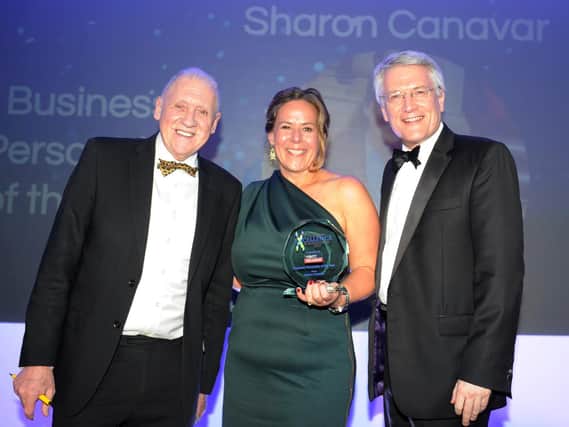 Harrogate International Festivals' chief executive Sharon Canavar in 2019 receiving the Harrogate Advertiser's Business Personality of the Year Award with Harrogate & Knaresborough MP Andrew Jones and TV presenter Harry Gration.