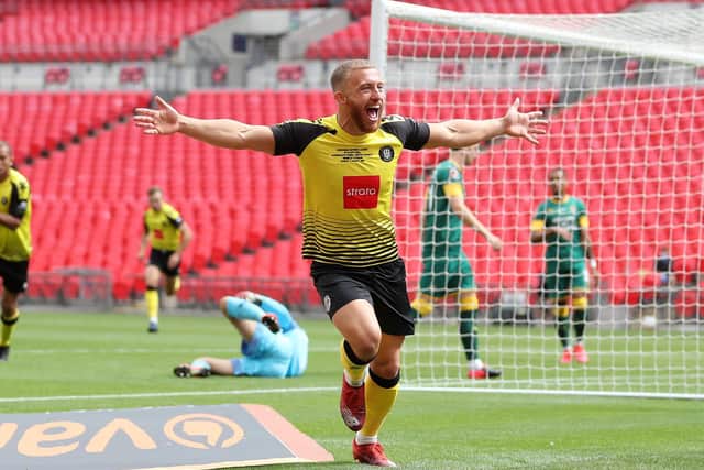 George Thomson celebrates after putting Town 1-0 up against Notts County at Wembley. Picture: Getty Images