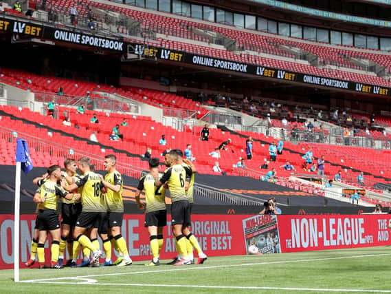 Harrogate Town celebrate a goal at Wembley in the play-off final against Notts County. (Picture Catherine Ivill/Getty Images)