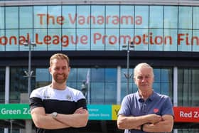 Harrogate Town manager Simon Weaver, left, and his father, club chairman Irving Weaver, pose outside Wembley Stadium. Picture: Matt Kirkham