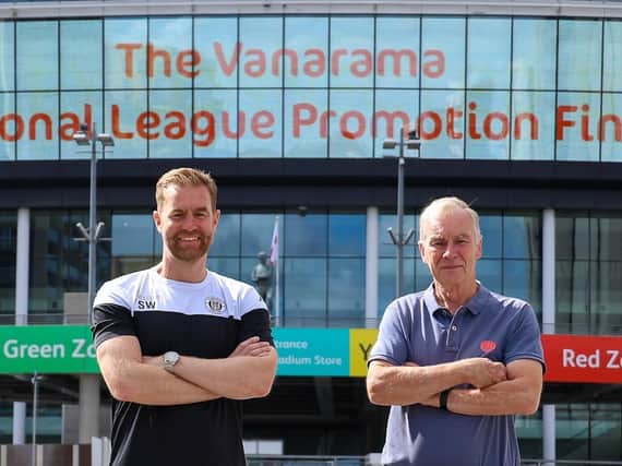 Harrogate Town manager Simon Weaver, left, and his father, club chairman Irving Weaver, pose outside Wembley Stadium. Picture: Matt Kirkham
