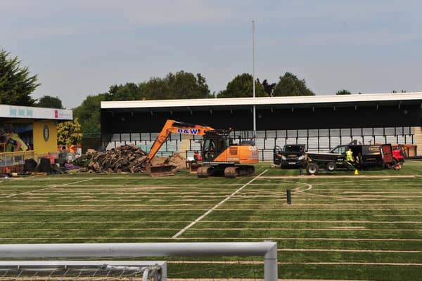 The diggers are in! The scene at CNG Stadium in Harrogate this week as the 3G pitch is dug up. Picture Gerard Binks